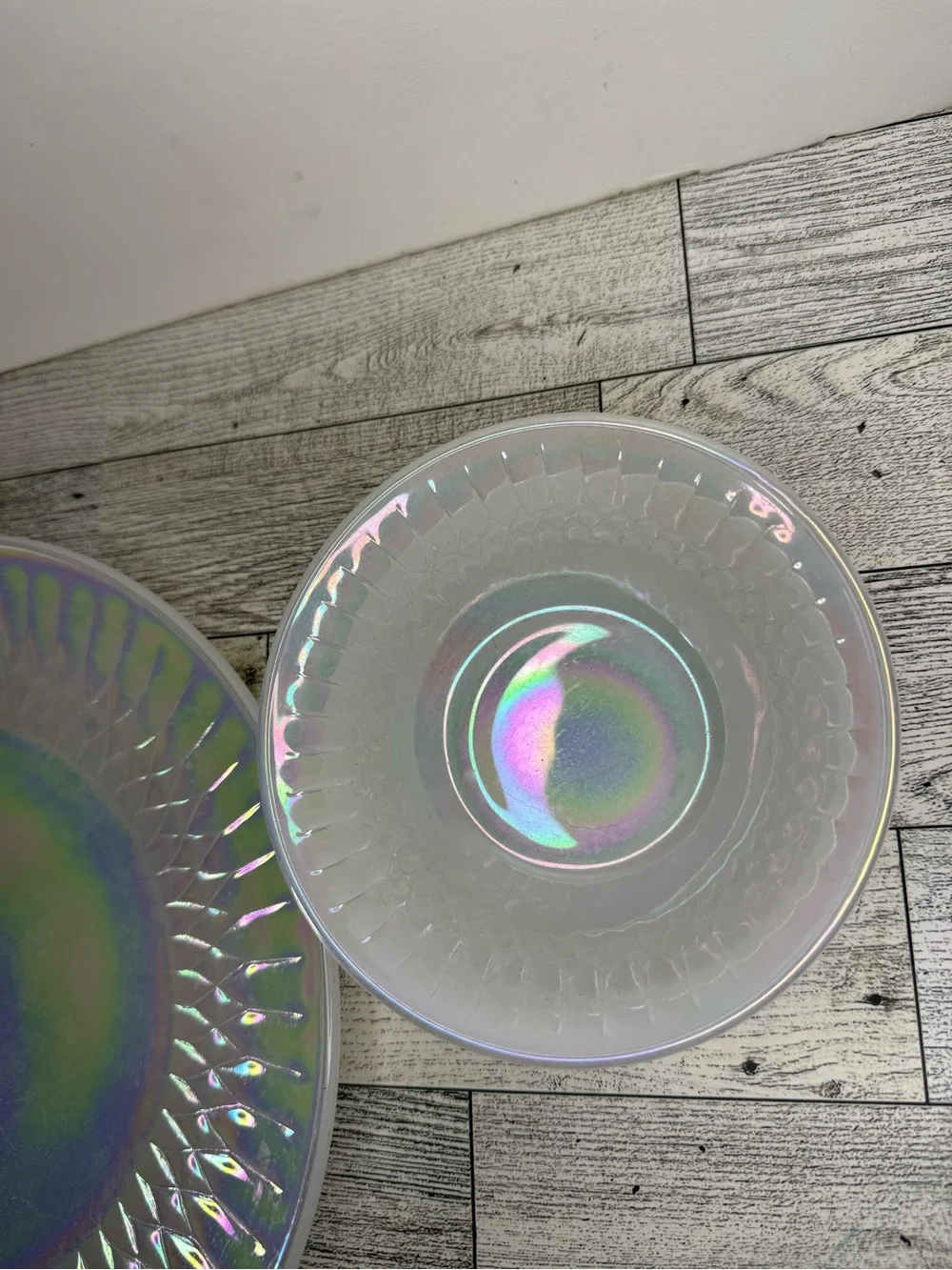 vintage Federal Glass plate and bowl in the Moonglow (or Iridescent) pattern